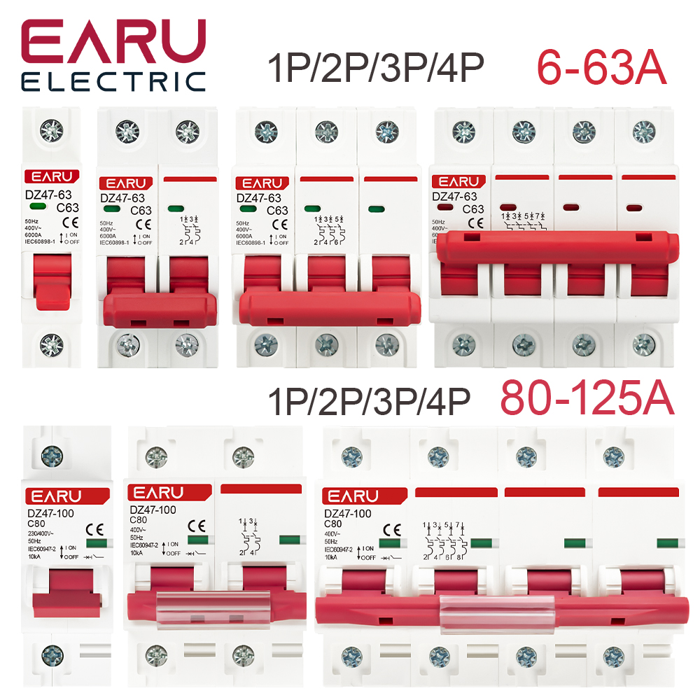 DZ47 400V 1-4P 3-125A Typ C Mini przerywacz MCB Zabezpieczenie obwodu przed zwarciem 35mm Mocowanie na szynę Din Udźwig 6KA