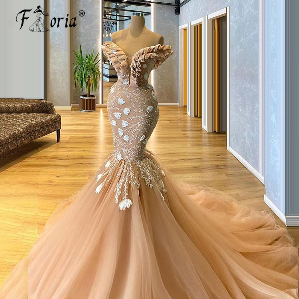 2024 GorgeousแชมเปญMermaidชุดราตรีดอกไม้Applique Rufflesปิดไหล่ชุดราตรีCelebrity Party Vestido De Novia