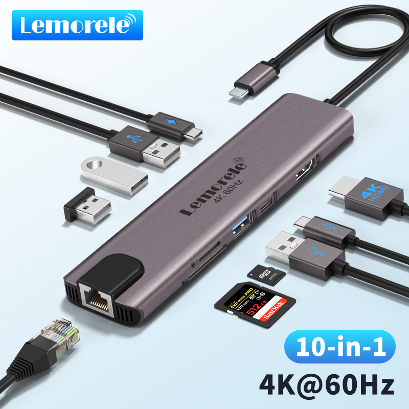 Lemorele 10 en 1 USB C HUB Station d'accueil Type C adaptateur 4K @ 60Hz HDMI 100W PD RJ45 1000Mbps Ethernet SD/TF emplacement pour ordinateur portable Mac