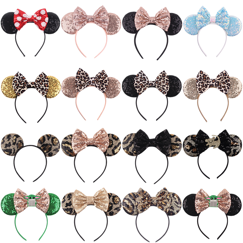 Fascia per capelli con stampa leopardata Disney Fasce per orecchie di Topolino per ragazze Kid Donna Party Paillettes Accessori per capelli con fiocco Fasce per capelli per adulti