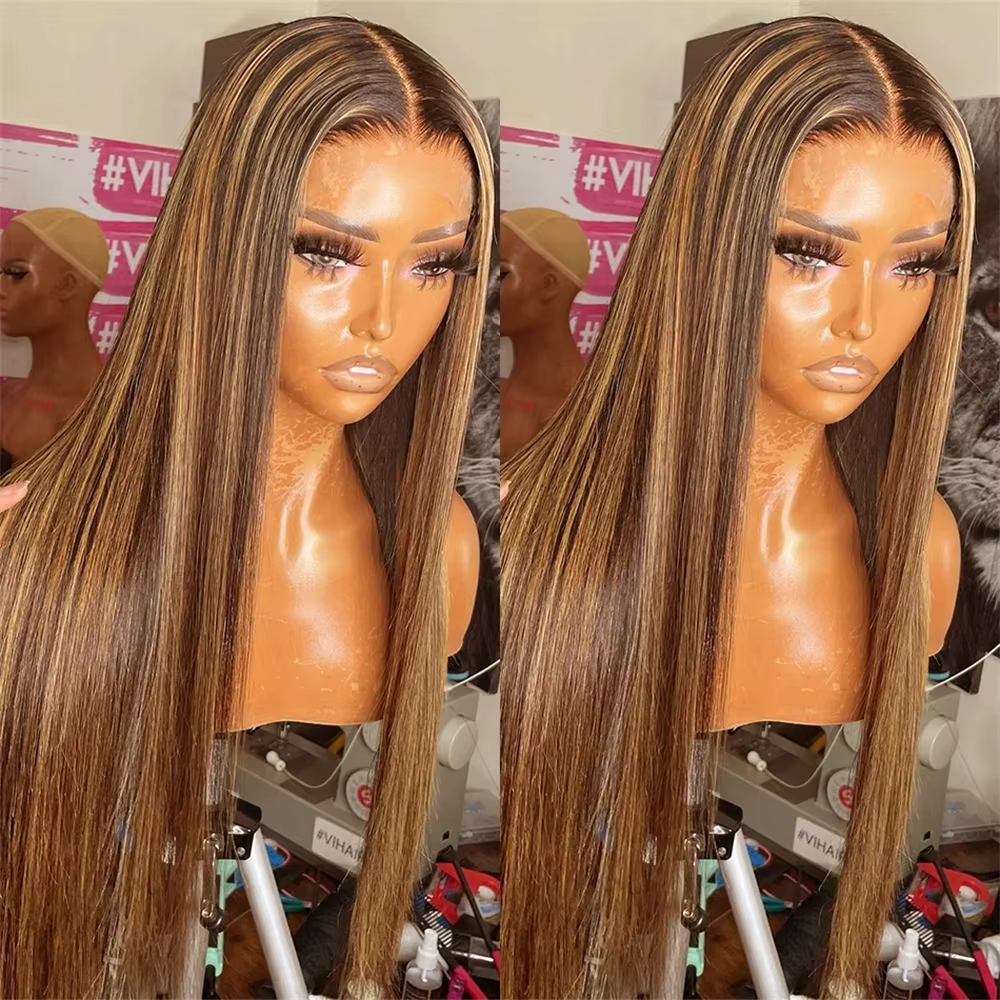 Peruka typu lace front ombre z brązowymi pasemkami, prosta, 13x4, peruki z ludzkich włosów dla kobiet, wstępnie wyskubana linia włosów, peruki w kolorze miodowego blondu.