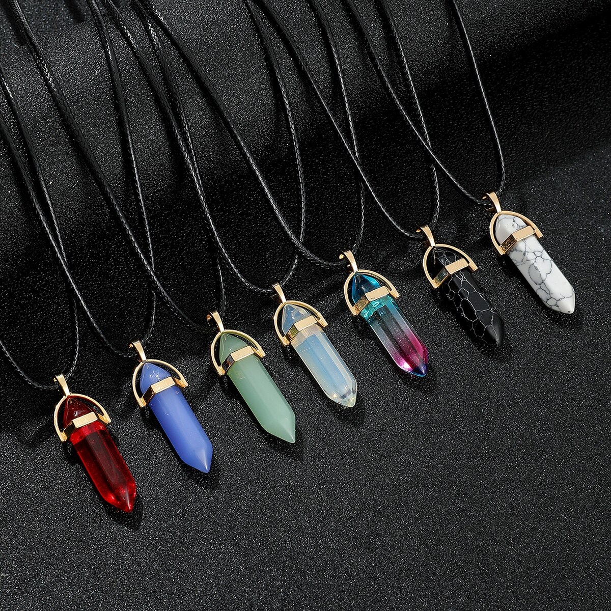 7 stks/set zeshoek pijler kwarts ketting turkoois roze kristal ketting lederen ketting natuursteen choker ketting