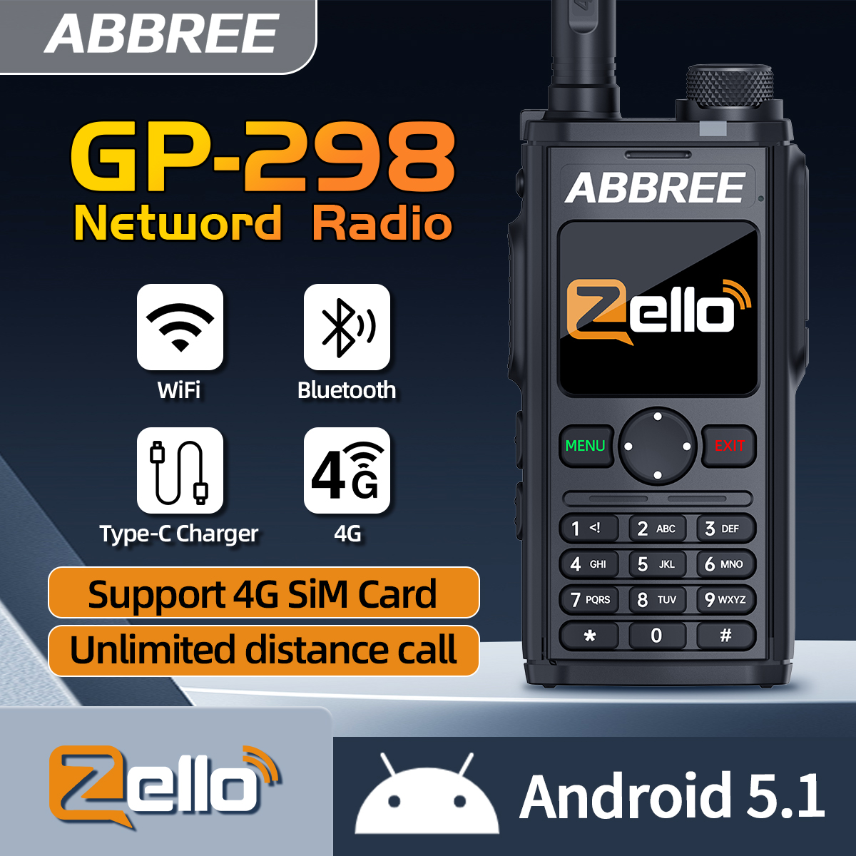ABBREE GP-298 POC Netzwerk Walkie Talkie Global POC Radio Unbegrenzte Entfernung Zello 4G SIM Karte Android Bluetooth WIFI Radio