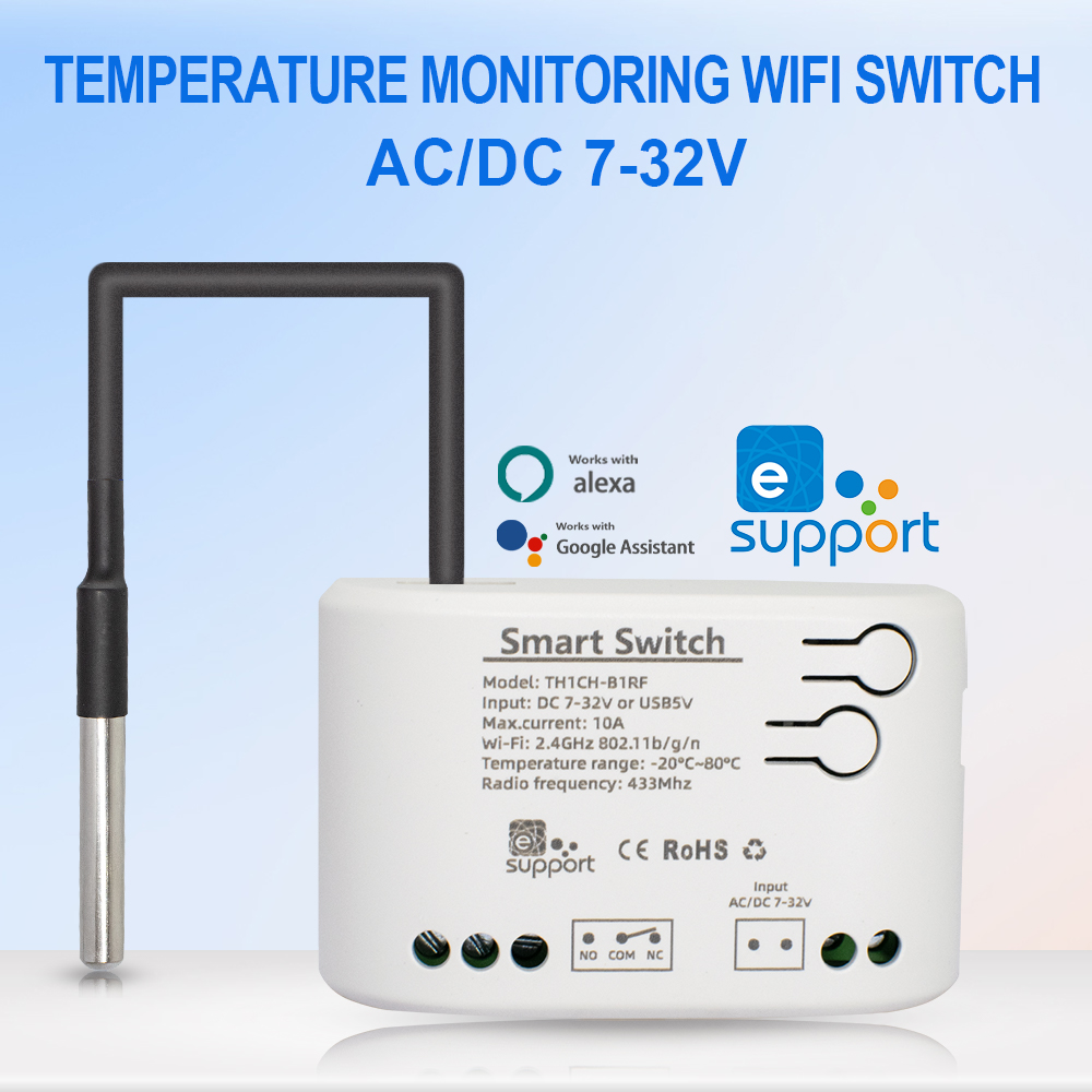 Ewelink Smart Switch 10A 2000 Вт Мониторинг энергопотребления RF433 Интеллектуальный термостат Alexa Google WiFi Умный переключатель температуры 12 В 24 В 220 В