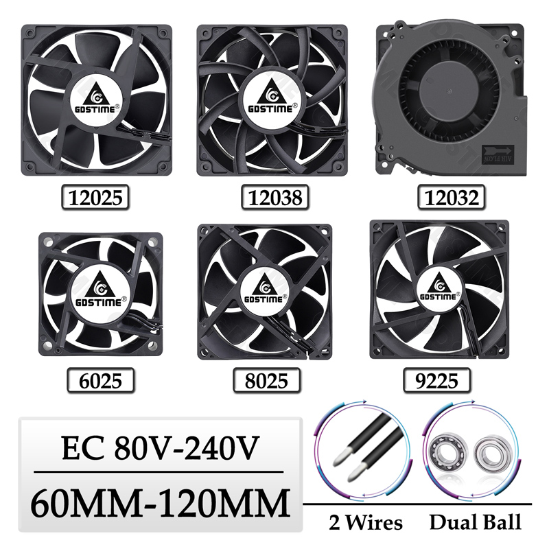 GDSTIME EC ventilador Axial 60mm 80mm 90mm 120mm doble bola sin escobillas PC enfriador AC 110V 120V 220V 230V 240V 12025 8025 ventilador con cubierta de computadora