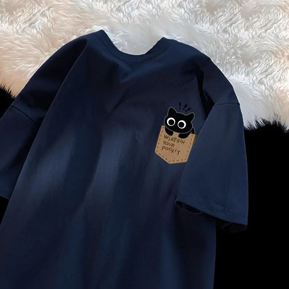 Camiseta Unissex Oversized de Verão 2026 com Estampa de Gato Fofo no Bolso, Manga Curta, Gola Redonda, Casual, Solta, Estilo Streetwear