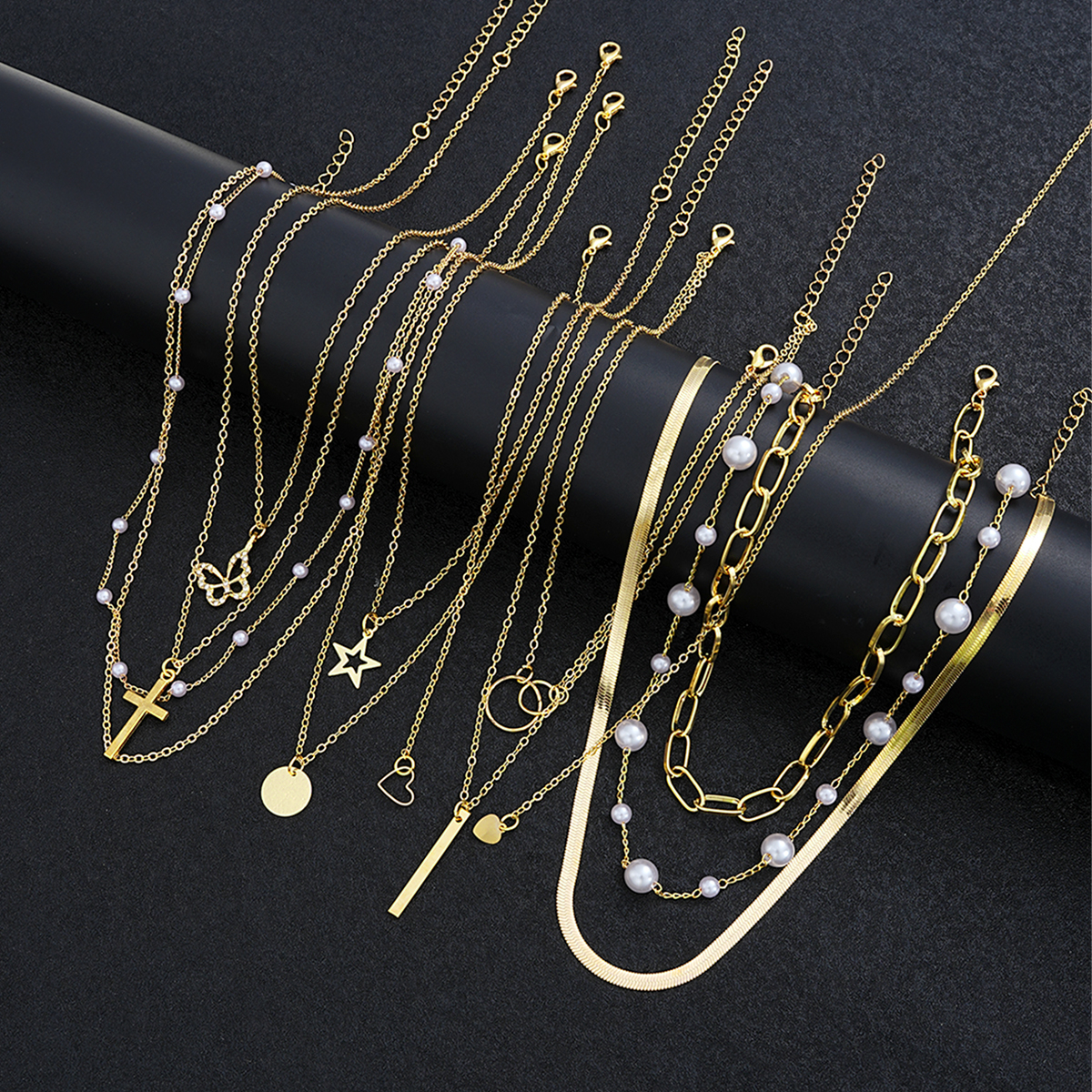 11 Uds. Conjunto de collares gargantilla de perlas simples para mujer, cadena en capas a la moda, colgante de estrella, Cruz, corazón, dijes, collar, regalos de joyería