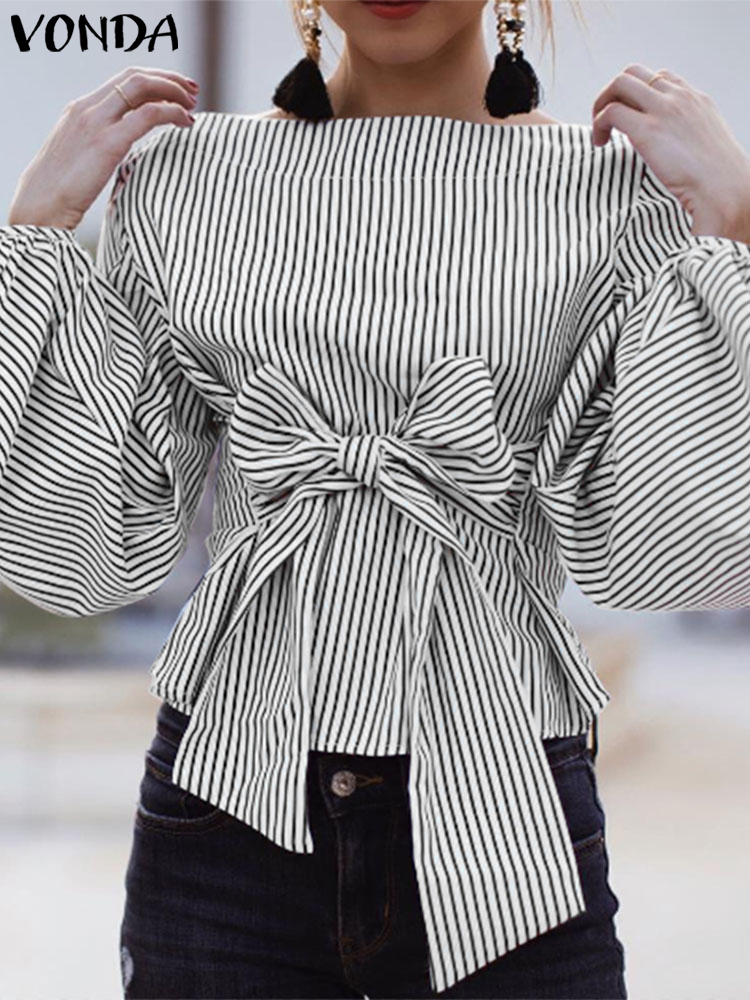 Plus Sise VONDA-Blusa a rayas de manga larga para mujer, Blusas informales holgadas con cuello redondo, camisas con punta, Tops elegantes sueltos de gran tamaño 2024