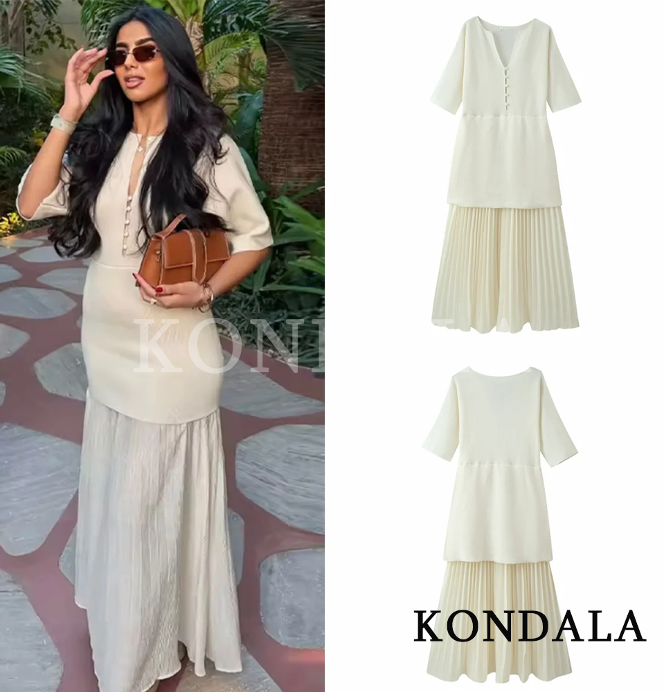 KONDALA Vrouwen Trendy Strand Patchwork Lange Gebreide Jurk Geplooide Jurk Met Korte Mouwen Nieuwe Mode 2026 Lente Zomer Elegante Jurk