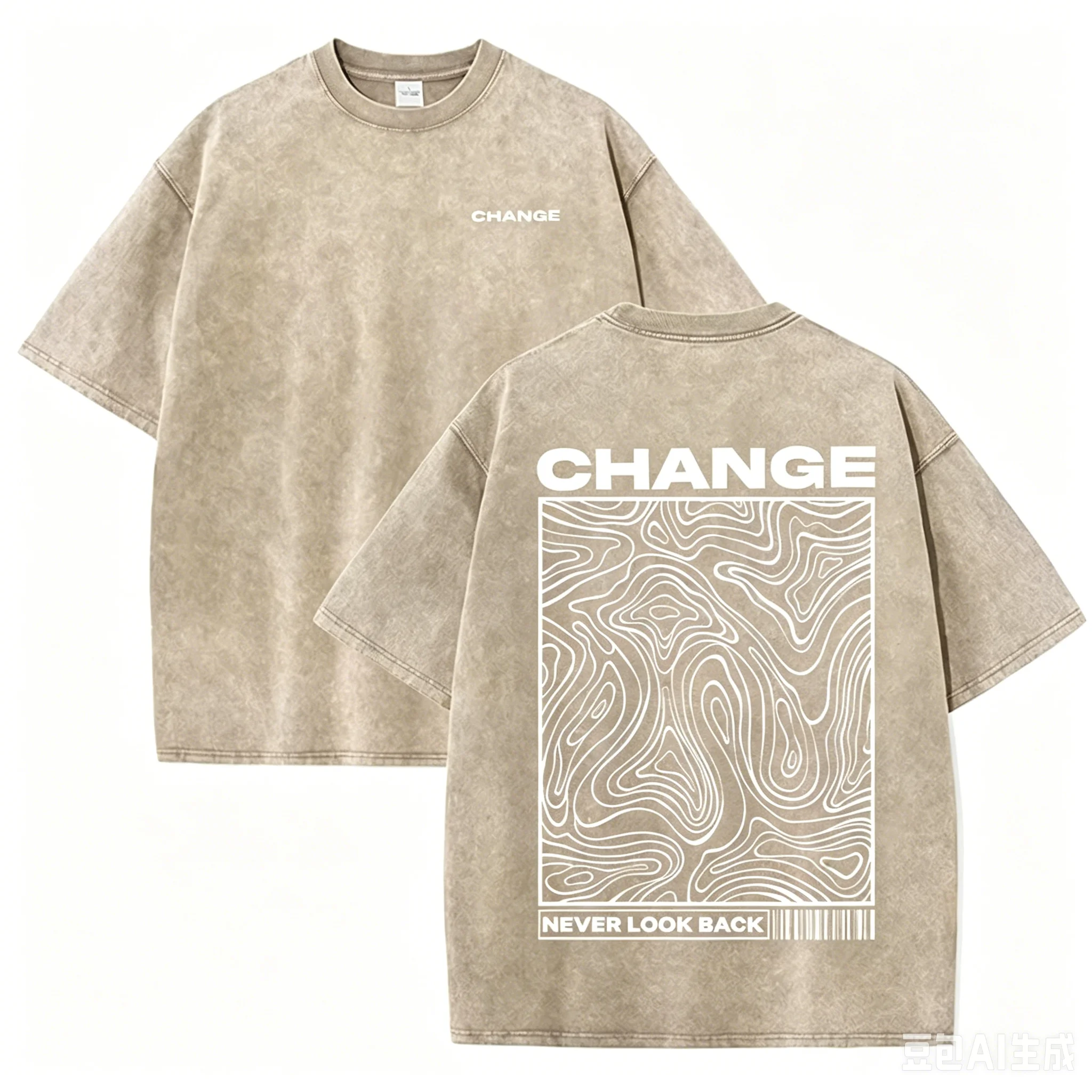 "CHANGE" Topografische Line Art Print Vintage gewassen beige casual grafische T-shirt