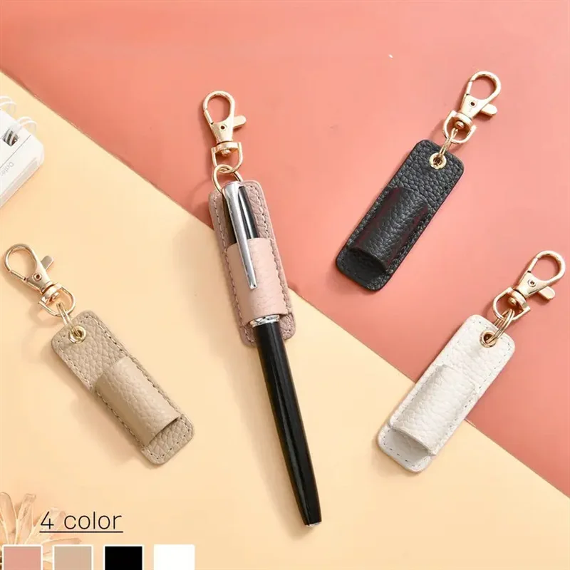 Portable Leather Pen Clip Neck Hanging Keychain Office Pen Storage Holder