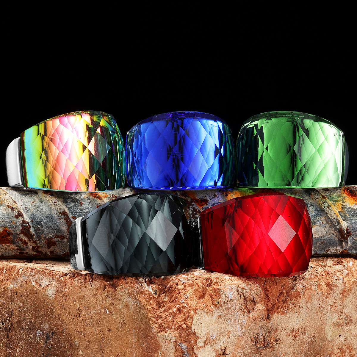 Anillos multicolores de cristal de lujo para hombre, anillos de acero inoxidable Punk Rock ostentosos, accesorios de joyería para mujer, regalo al por mayor