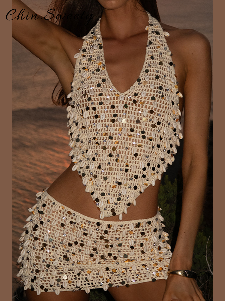 Sexy Hollow Out Lovertjes Gebreide Rokken Sets Vrouwen Halter Mouwloze Top Mini A-lijn Rok 2025, Zomer Dame Chic Strand Gewaden Nieuwe