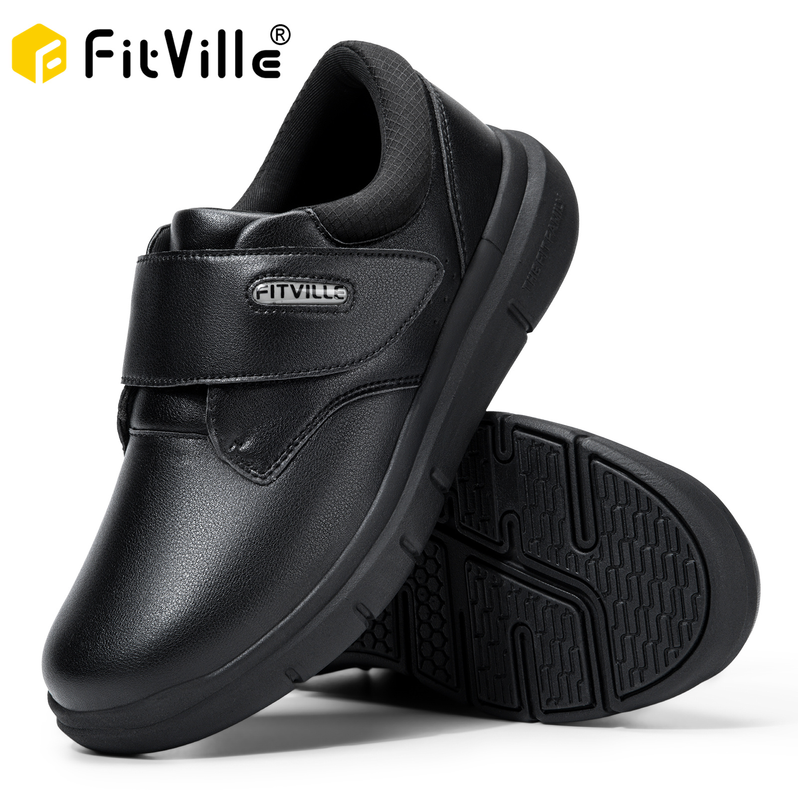FitVille bardzo szerokie buty męskie skórzane buty dla diabetyków chodzenie dla starszych ortopedyczne palce opuchnięte stopy antypoślizgowe podparcie łuku stopy