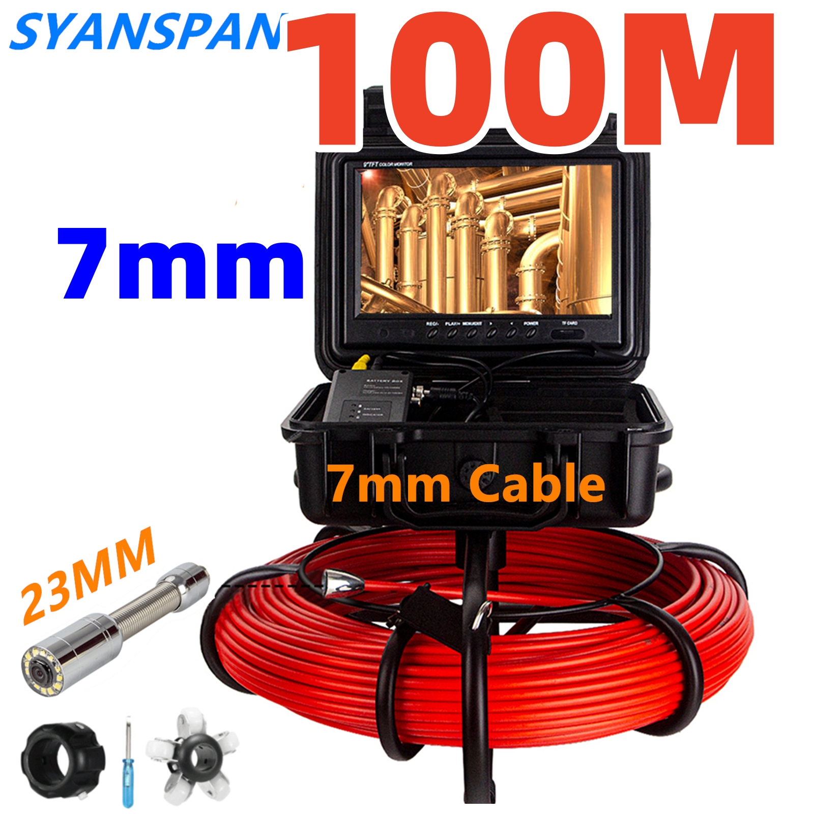 Telecamera di ispezione del tubo del cavo da 7mm da 9 pollici con scheda TF Video DVR da 8GB, fognatura SYANSPAN industriale 23MM impermeabile IP68