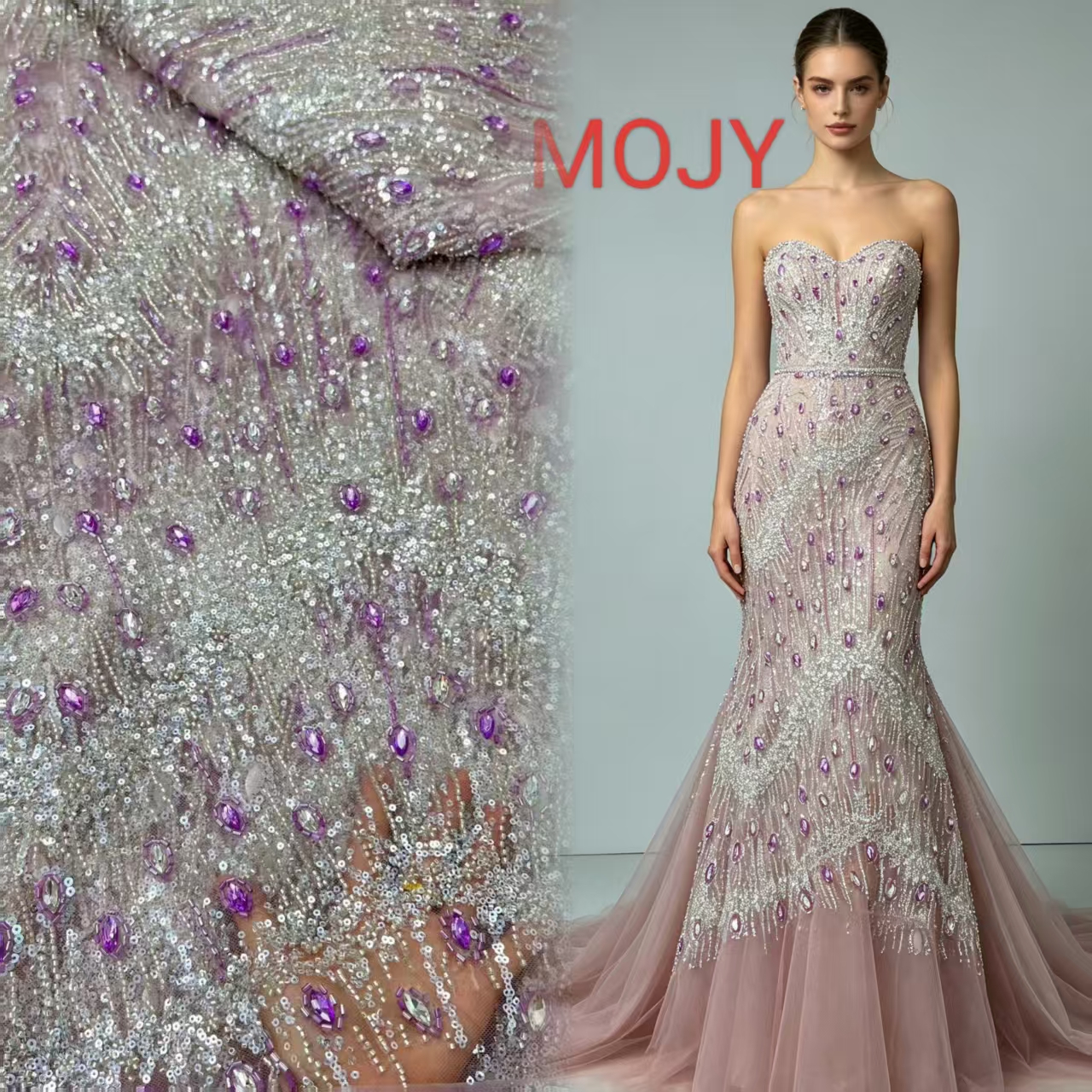 Tessuto in Tulle e Pizzo Viola con Strass e Paillettes Argento, Ricamo a Piuma di Pavone, Materiale di Lusso per Abiti da Sposa, da Sera e da Cerimonia