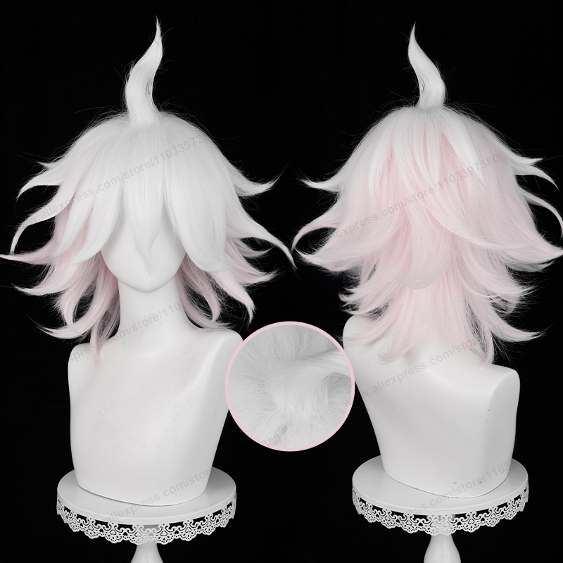 Nagito Komaeda Cosplay Pruik 37 cm Kort Roze Wit Gradiënt Haar Anime Cosplay Hittebestendige Synthetische Pruiken