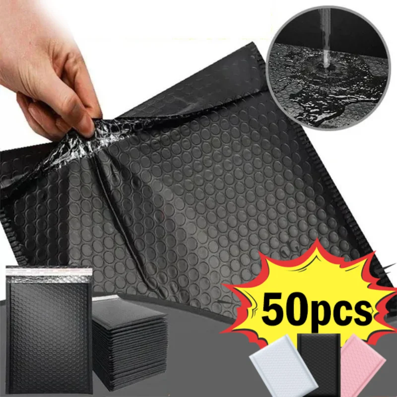 Sobre de burbujas negro/blanco/rosa, sobres de burbujas acolchados autosellados, bolsa de correo impermeable, paquetes de envío al por mayor, 10/50 Uds.