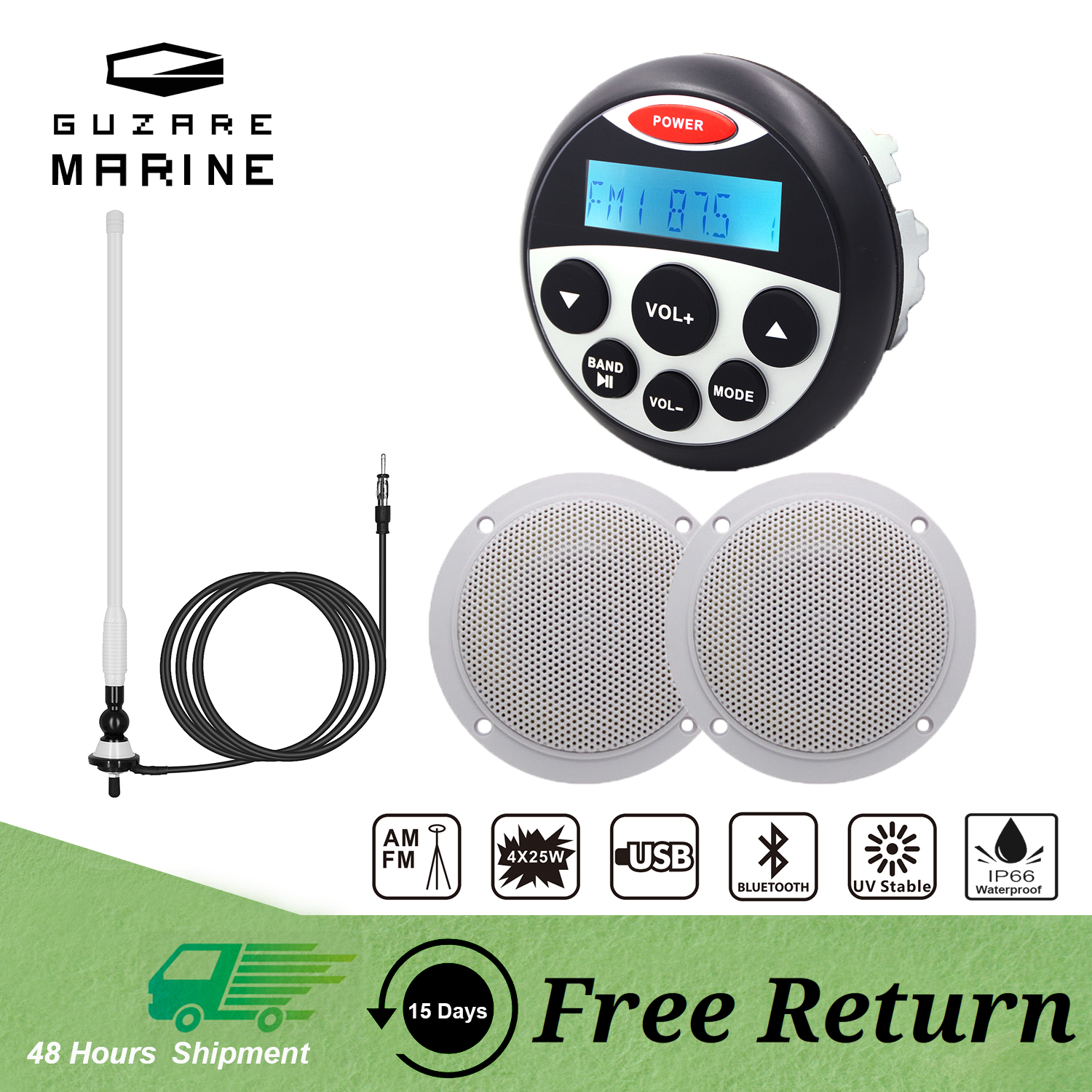 GUZARE MARINE Stereoradio USB Bluetooth + 2 Stück 4 Zoll wasserdichte Bootslautsprecher Audio + FM AM Antenne Weiß für UTV ATV Boote