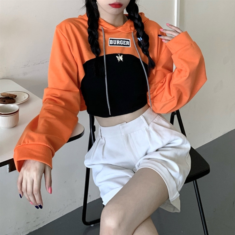 หญิงตัด Crop Top Hoodie มีฮู้ดแขนยาวเสื้อกันหนาวไหล่ Drawstring Hoodie Crop จัมเปอร์-Top