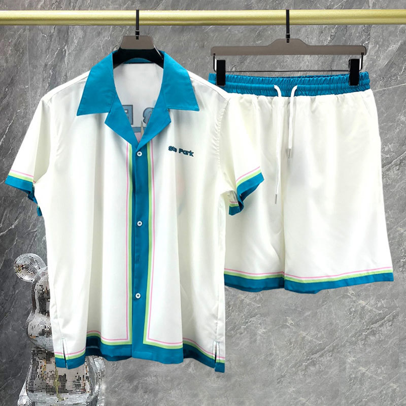 Wzór Vintage w stylu Streetwear strój z koszulką w klapie z kontrastowym wzorem nadruk z krótkim rękawem zestaw koszul krótki Top dla mężczyzn zestaw na co dzień Homme