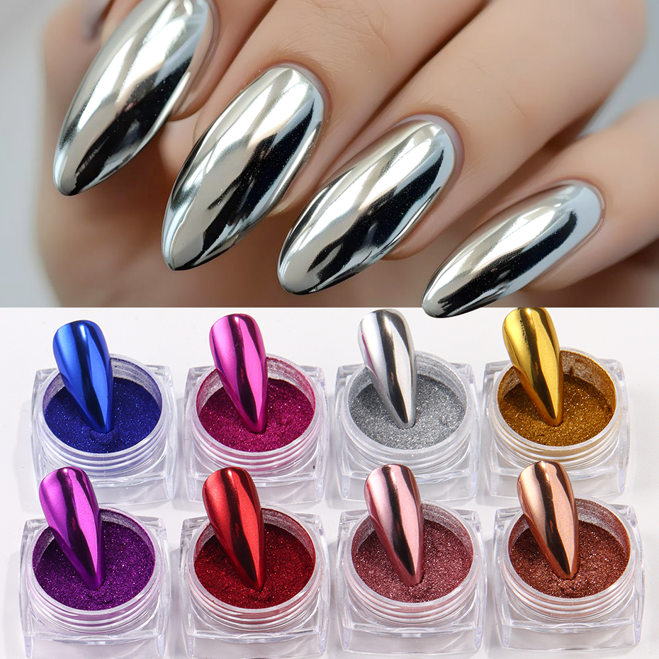 8er Box Chrom Spiegel Nagelpulver Metallic Silber Gold Blau Nail Art Glitzer Reiben Pigmentflocken Staub für DIY Luxus Maniküre