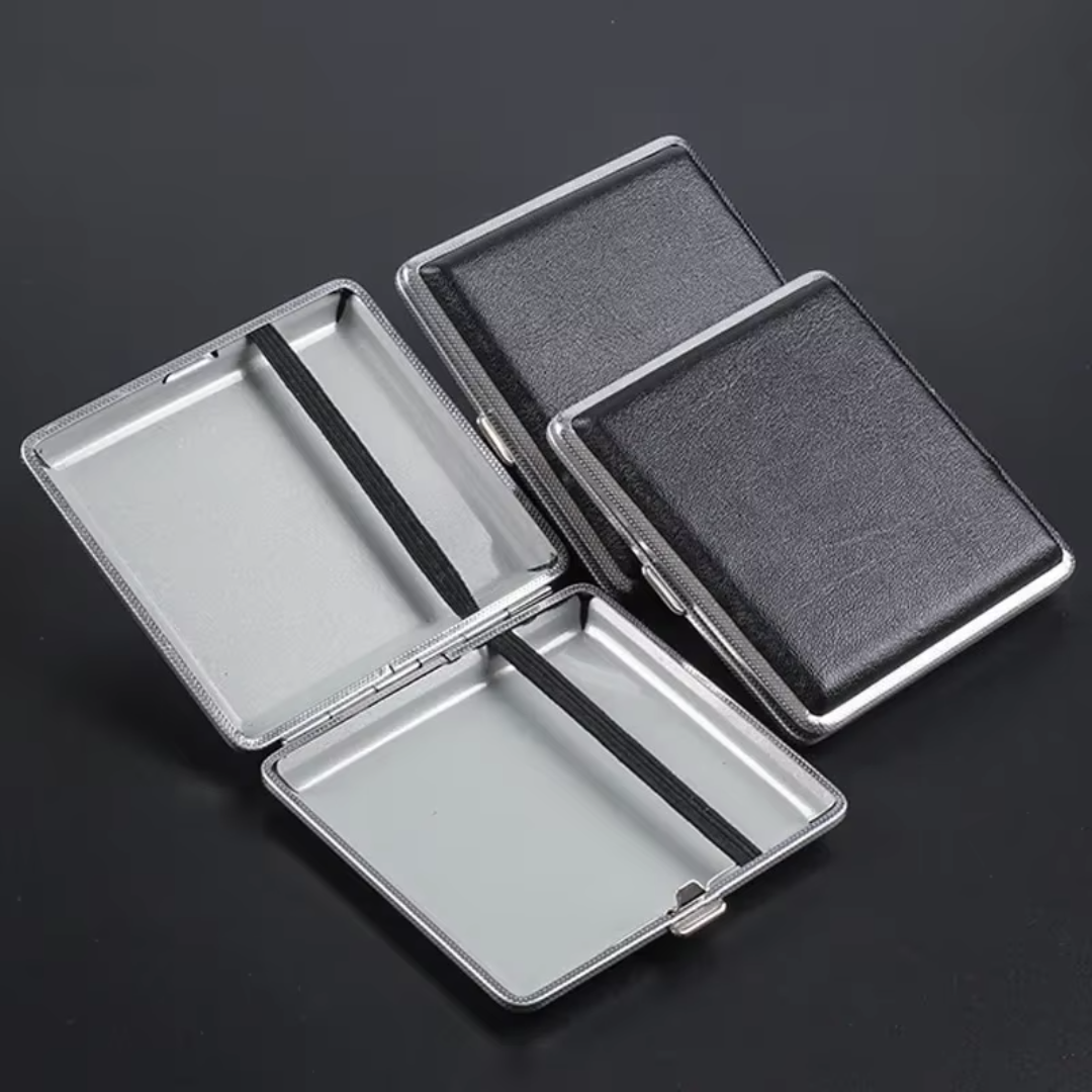 Estuche de cuero de doble apertura para 20 cigarrillos, caja de acero inoxidable para tabaco y cigarrillos, herramientas para cigarrillos.