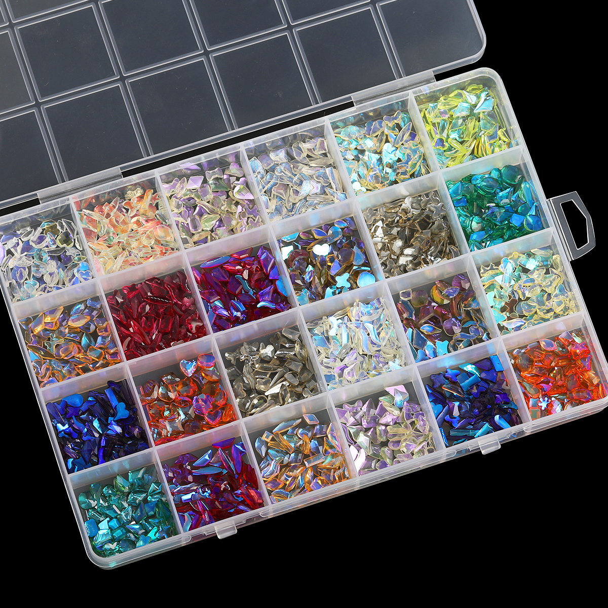 Ungefähr 1800 Stück Nail-Art-Harzdiamanten in Aurora-Optik, speziell geformte mehrfarbige gemischte Nageldiamanten in verschiedenen Formen, 24er-Gitter, glänzend