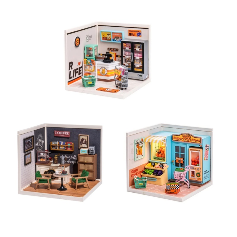 Robotime Mini-Puppenhaus, DIY-Miniaturhaus-Set, 1:20, Obstgeschäft, Café, Geschäft, Versorgungsgeschäft, Kit mit LED für Teenager und Erwachsene