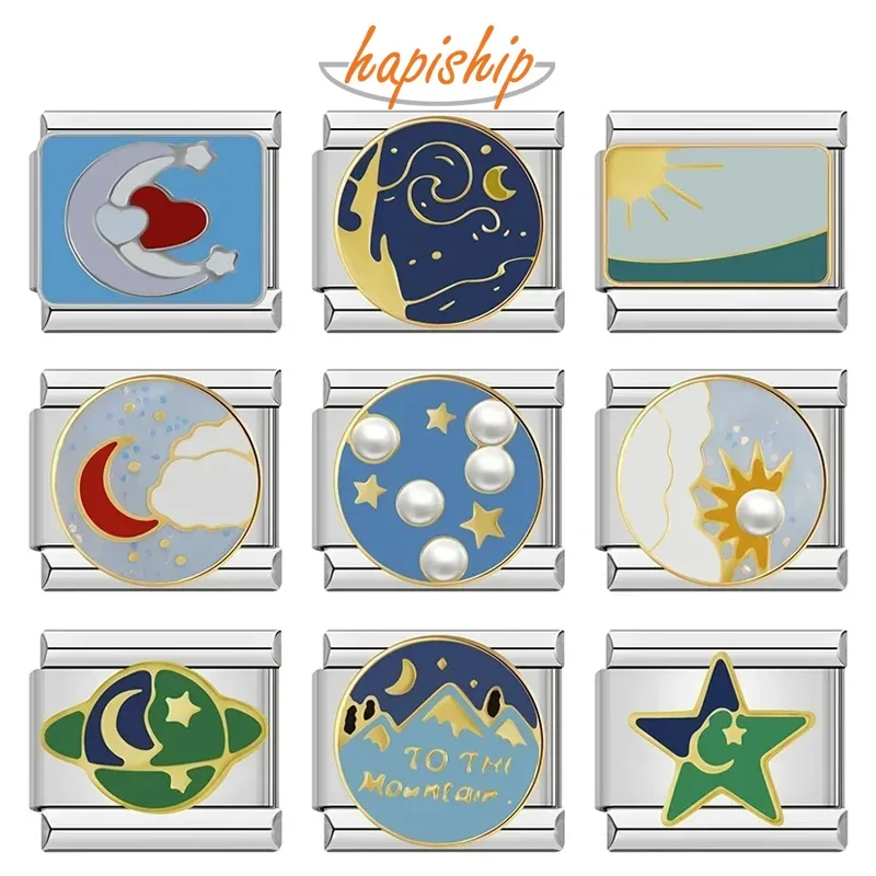 Hapiship novo 2024 moda estrela arco-íris paisagem charme links italianos caber 9mm pulseira de aço inoxidável fazendo jóias diy dj769
