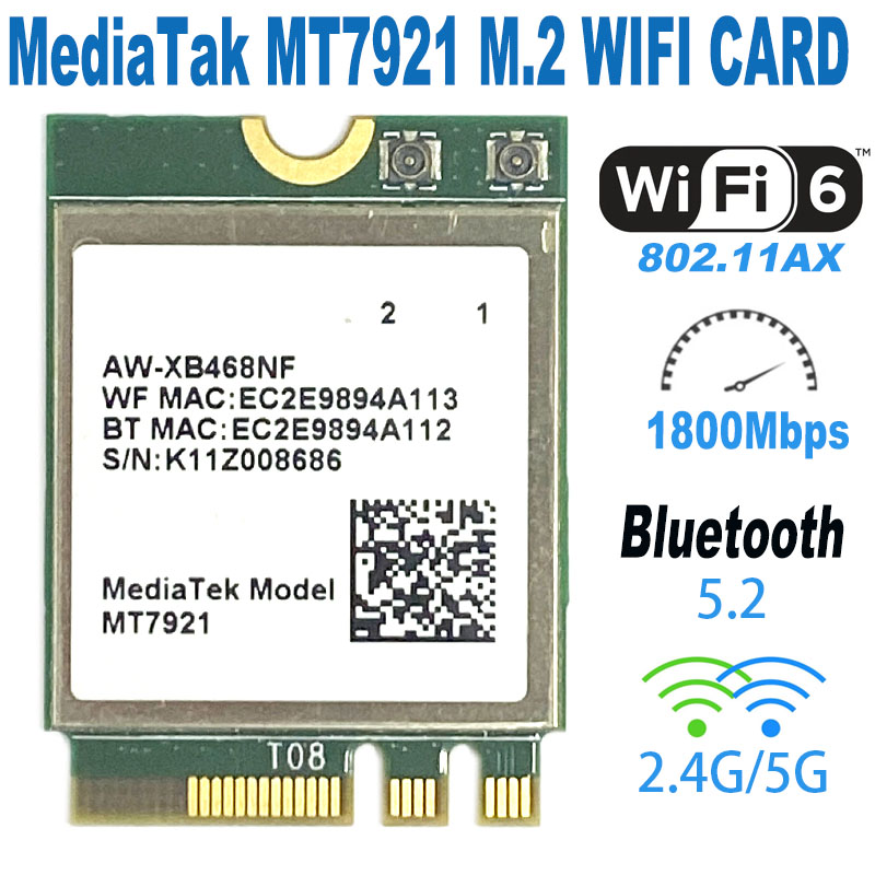 MediaTek MT7921 Kit de escritorio Wi-Fi 6 1800Mbps Bluetooth 5,2 tarjeta inalámbrica 802.11AX 8DBi antenas NGFF m2 para Windows 10/11