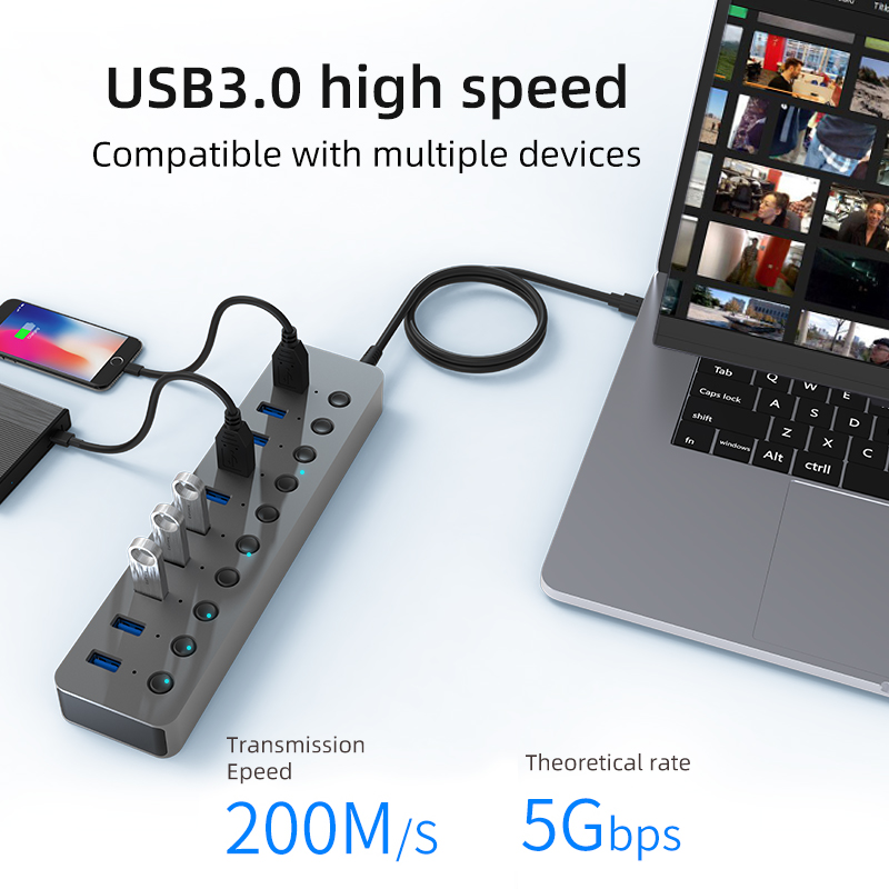 Blueendless USB Hub 3,0 7 puertos 10 puertos aleación de aluminio Shell Splitter adaptador de interruptor dividido adaptador de corriente de 12V para PC Macbook lapt