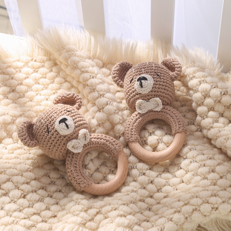 Baby Rattle Toy Cartoon Bear Crochet Teether Toy Beech Ring Baby Comfort Toy Crib Companion Doll Rocking Music Game Newbaby Gift