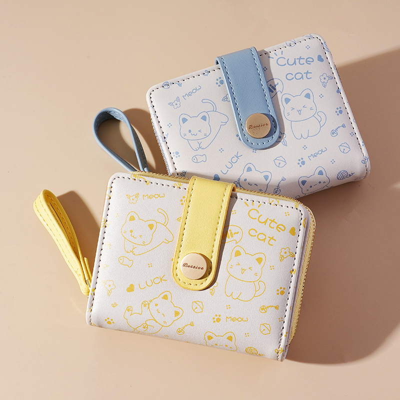 Cartera de estilo coreano para chicas y gatos, tarjetero corto para estudiantes, monedero con cremallera para mujeres