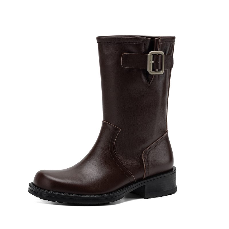 SmallHut New 2026 Trend Women Autumn Genuine Cow Leather Ankle Boots Brown Black Mid Block Heel Round Toe Fashion Slip-on Boots