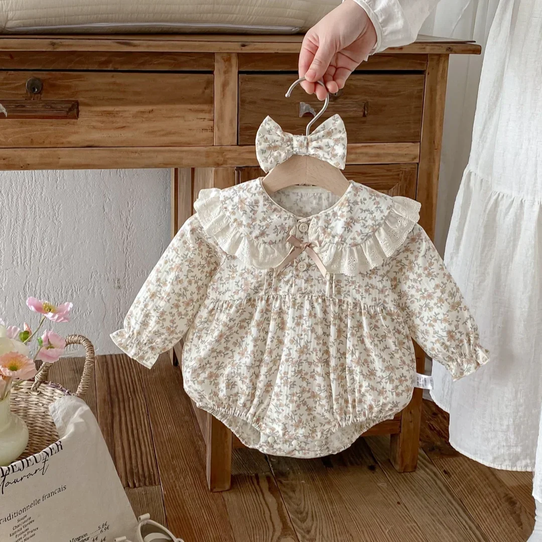 Infant Baby Clothes 0-2Y Newborn Adorable Romper Spring Baby Girl 2Pcs Sets Floral Peter Pan Collar Bodysuit and Headband