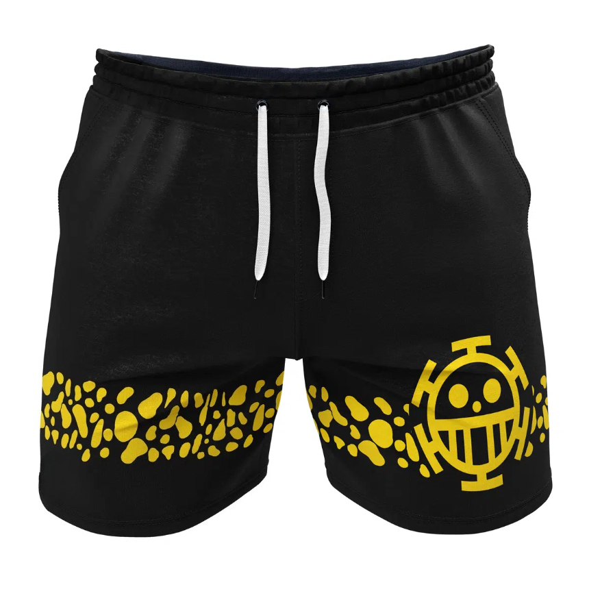 Shorts One Piece Trafalgar Law Heart Pirates, Preto com Efeito Amarelo, Calças Casuais para Fãs de Anime, Calças de Praia Masculinas de Verão
