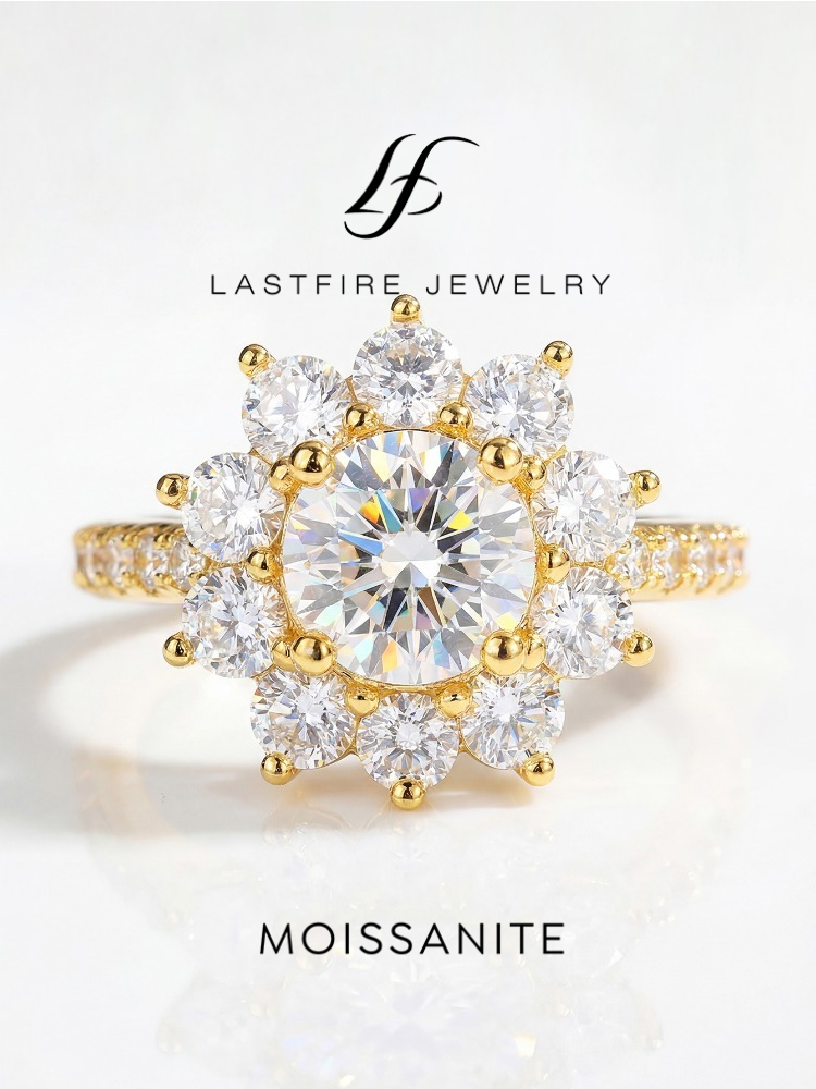   Cincin Bunga Emas Berlian Moissanite Bulat 1CT Cocok untuk Wanita, Perak Sterling 925 Asli, Perhiasan Berkualitas Tinggi