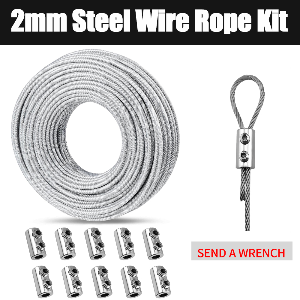 10/20M 2mm Stainless Steel Wire Rope Kit with PVC Coating and Cable Clamp for Clothesline Garden Railing Outdoor Fence Etc