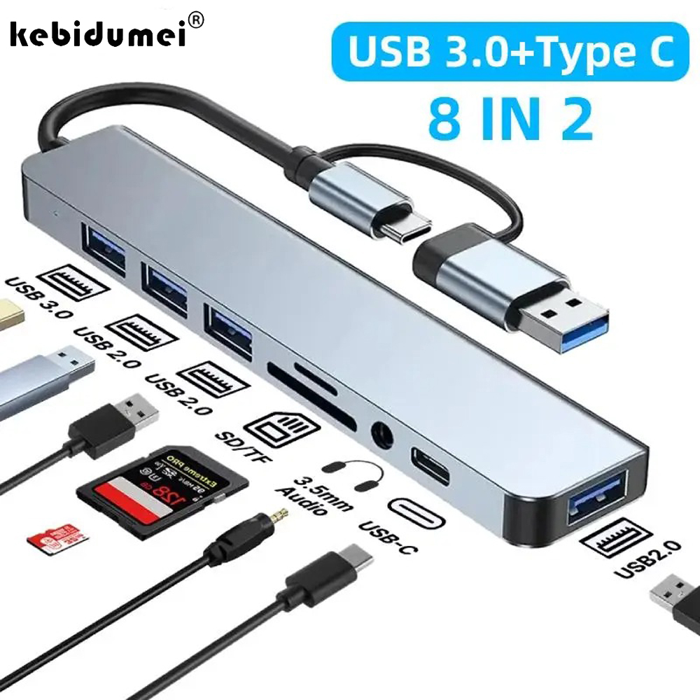 Адаптер USB 3.0 типа C Док-станция USB 3.0 Hub TF SD Card Reader Аудиовыход Многоконцентратор Разветвитель для компьютера Macbook Pro