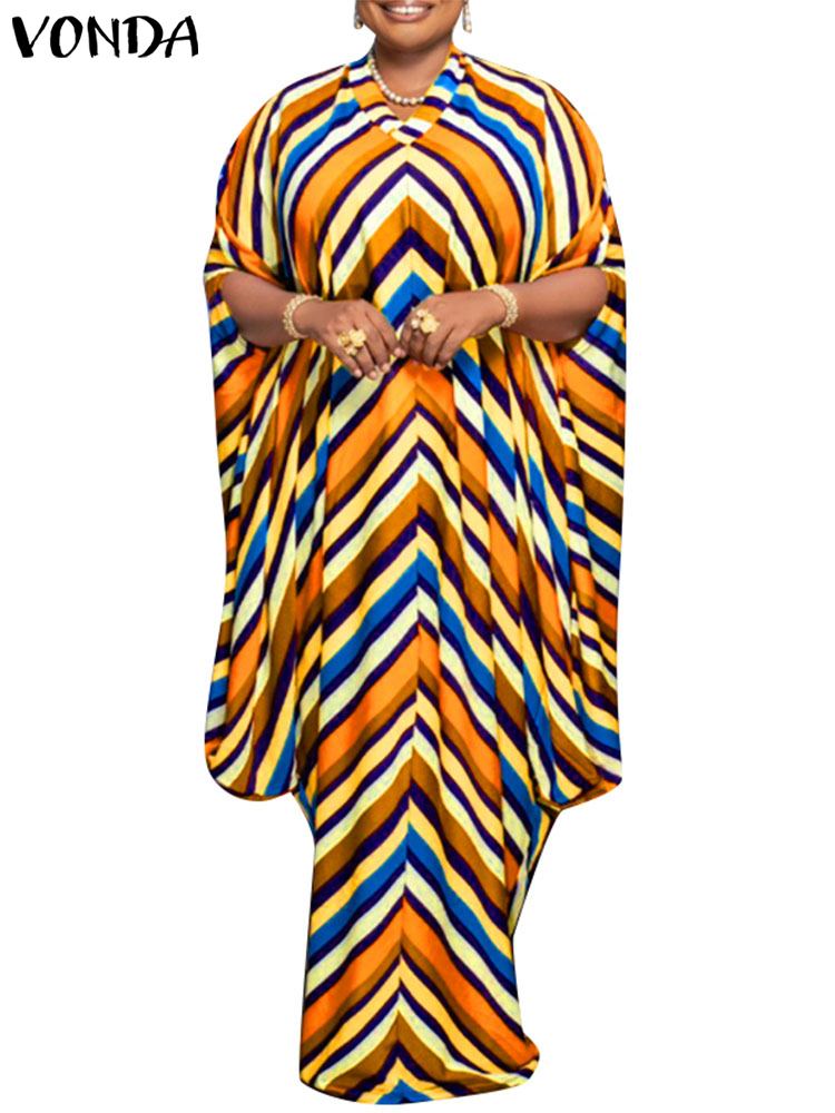 VONDA-Vestido largo bohemio para mujer, prenda de verano con estampado a rayas, manga corta y murciélago, Estilo Vintage, talla grande 5XL