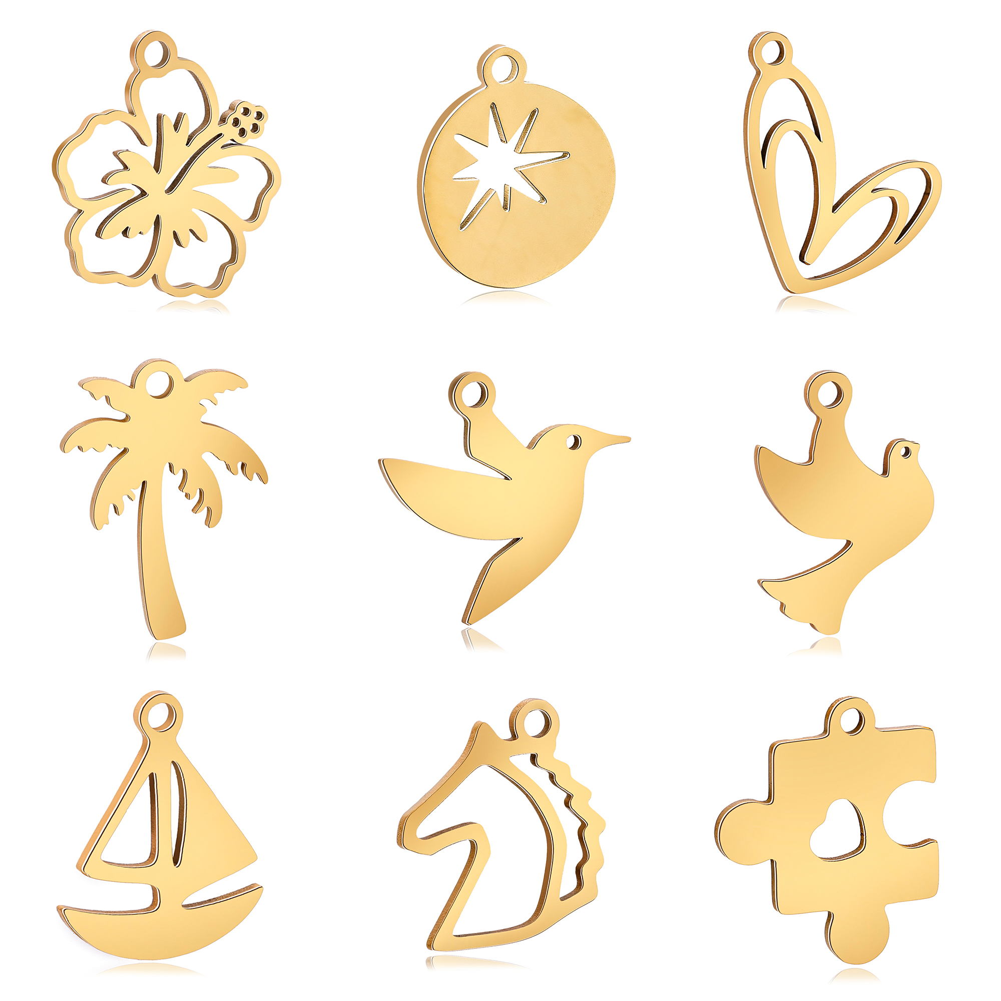 5 stk/partij Rvs Bloem & Luchtvogel & Paard & Zeilboot & Boom & Duif Charms Hanger DIY Sieraden Handgemaakte Accessoires Groothandel