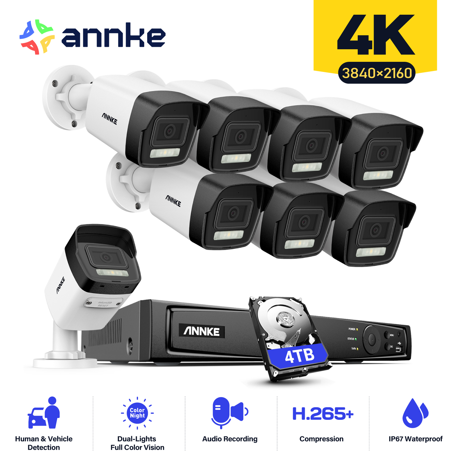 Annke kamera POE H.265 + 4K dua lampu cerdas, sistem kamera 4MM lensa deteksi kendaraan manusia IP67 perlindungan keamanan, Video pengawasan