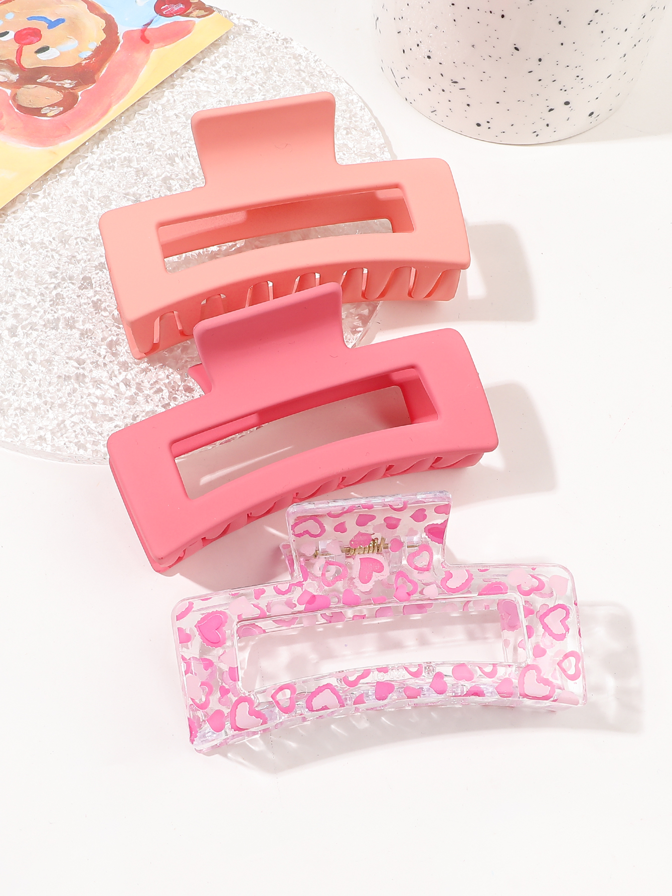 3 grampos de garra de cabelo médios dos pces para mulheres meninas, grampos de cabelo quadrados foscos de fixação forte rosa para cabelos grossos e finos