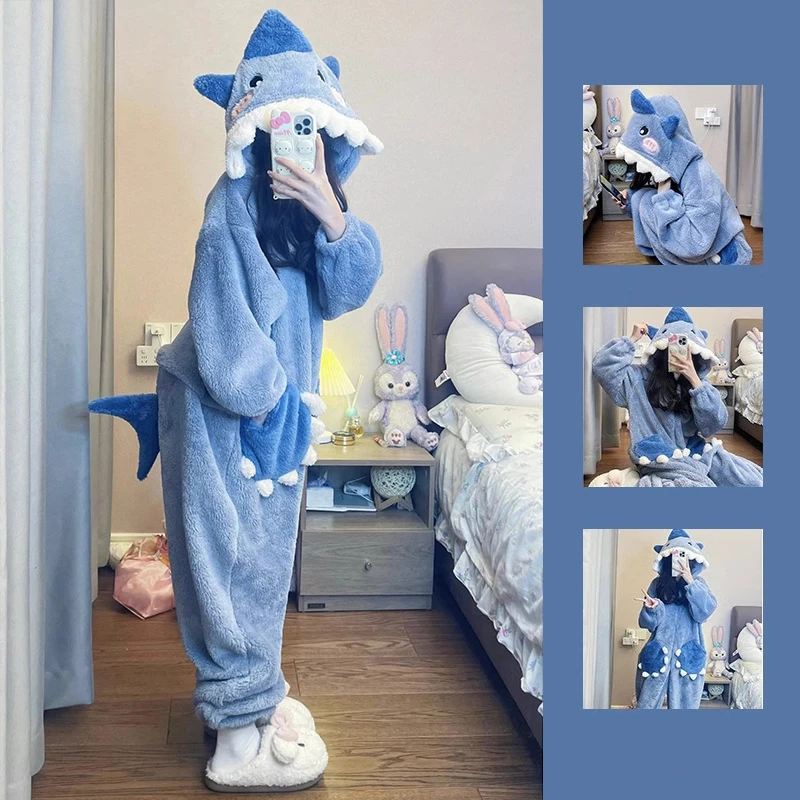 漫画かわいいサメ女性のフード付きパジャマスパースタージャンプスーツ女性セットかわいいクリスマスパーティー部屋着