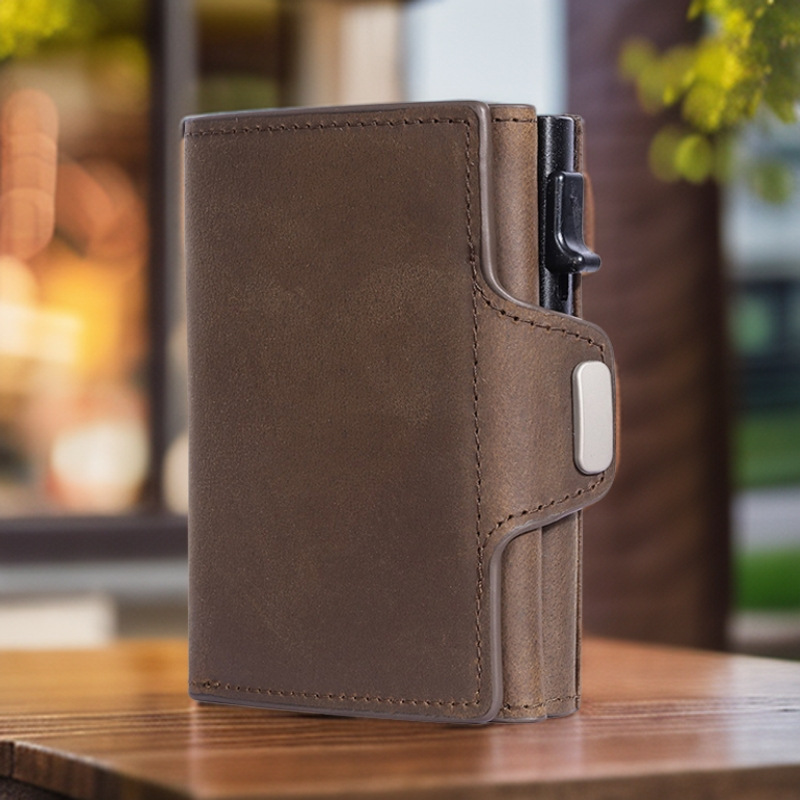 Cartera para Hombre con Bloqueo RFID y Protección Anti-robo, de Cuero Genuino, con Sistema Automático para Tarjetas de Crédito y Monedero, Moderna y Ejecutiva