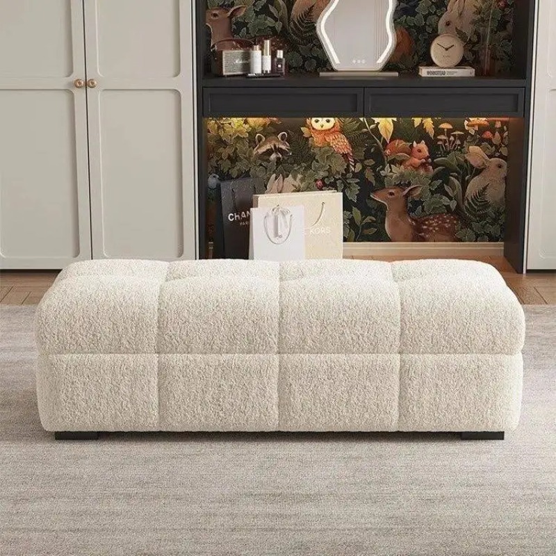 Opbergpoef van teddystof, crèmekleurige boudoirbank voor slaapkamer en kleedkamer, pluche bontkruk met zitgedeelte en opbergruimte