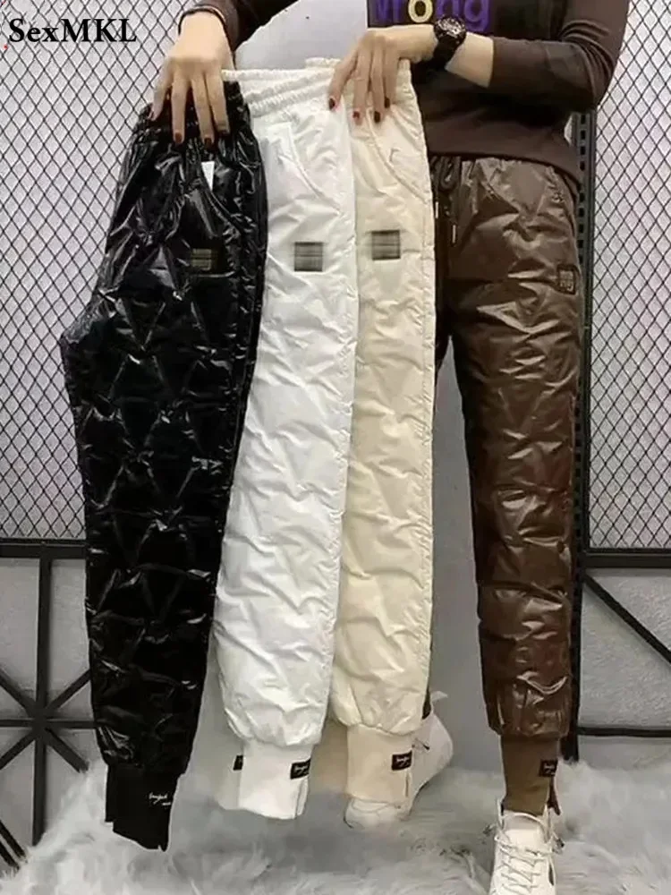 Inverno oversized para baixo algodão lápis calças quentes moda coreana magro grosso feminino pantalones casuais cintura alta calças pretas 4xl