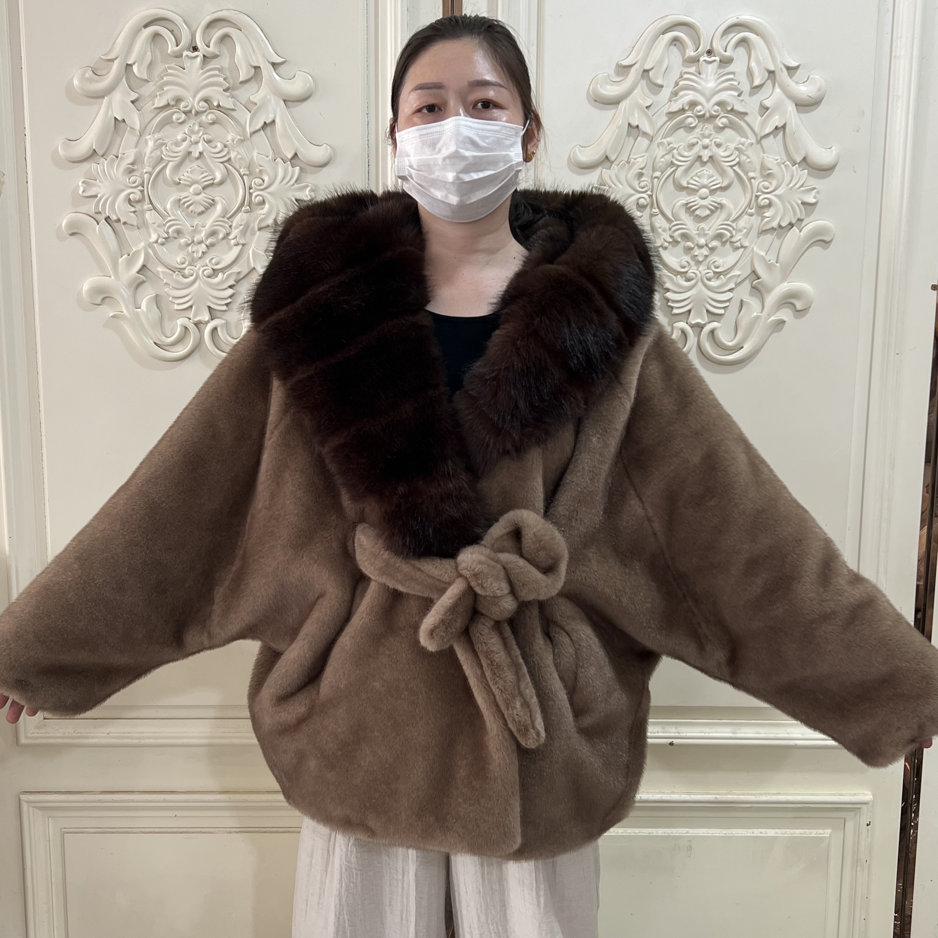 Imitação de pele de vison artificial elegante estilo coreano solto chapéu feminino casaco de pele