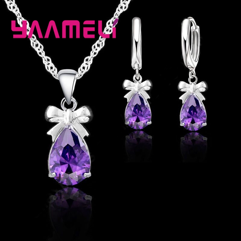 925 Sterling Silver Wanita Air Drop Austria Kristal Liontin Anting-Anting Kalung Set Perhiasan untuk Pernikahan Pertunangan Hadiah